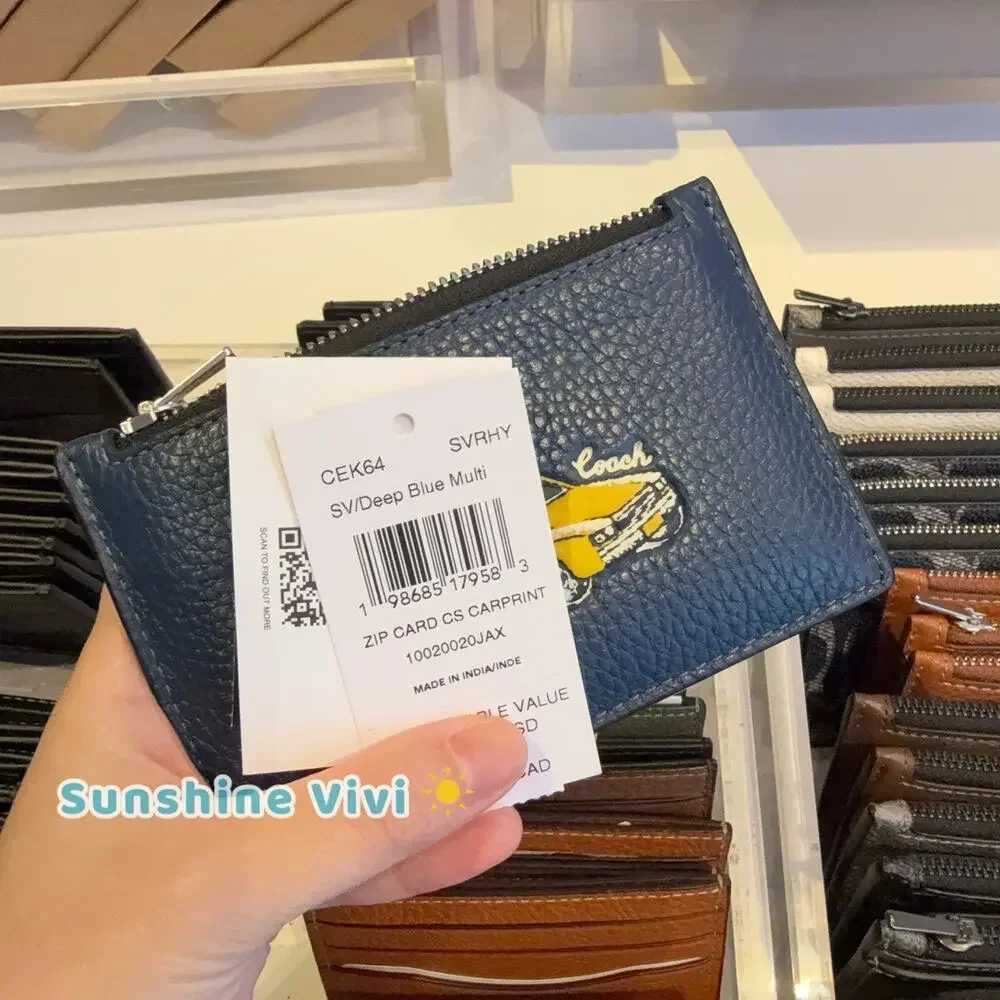 NWT Coach Zip Card CaseWith Car Print Silver/Deep Blue Multi cek64